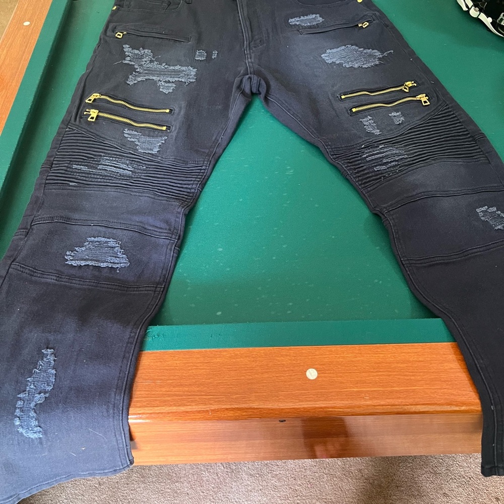 Blue Distressed Moto Jeans with Gold Zippers